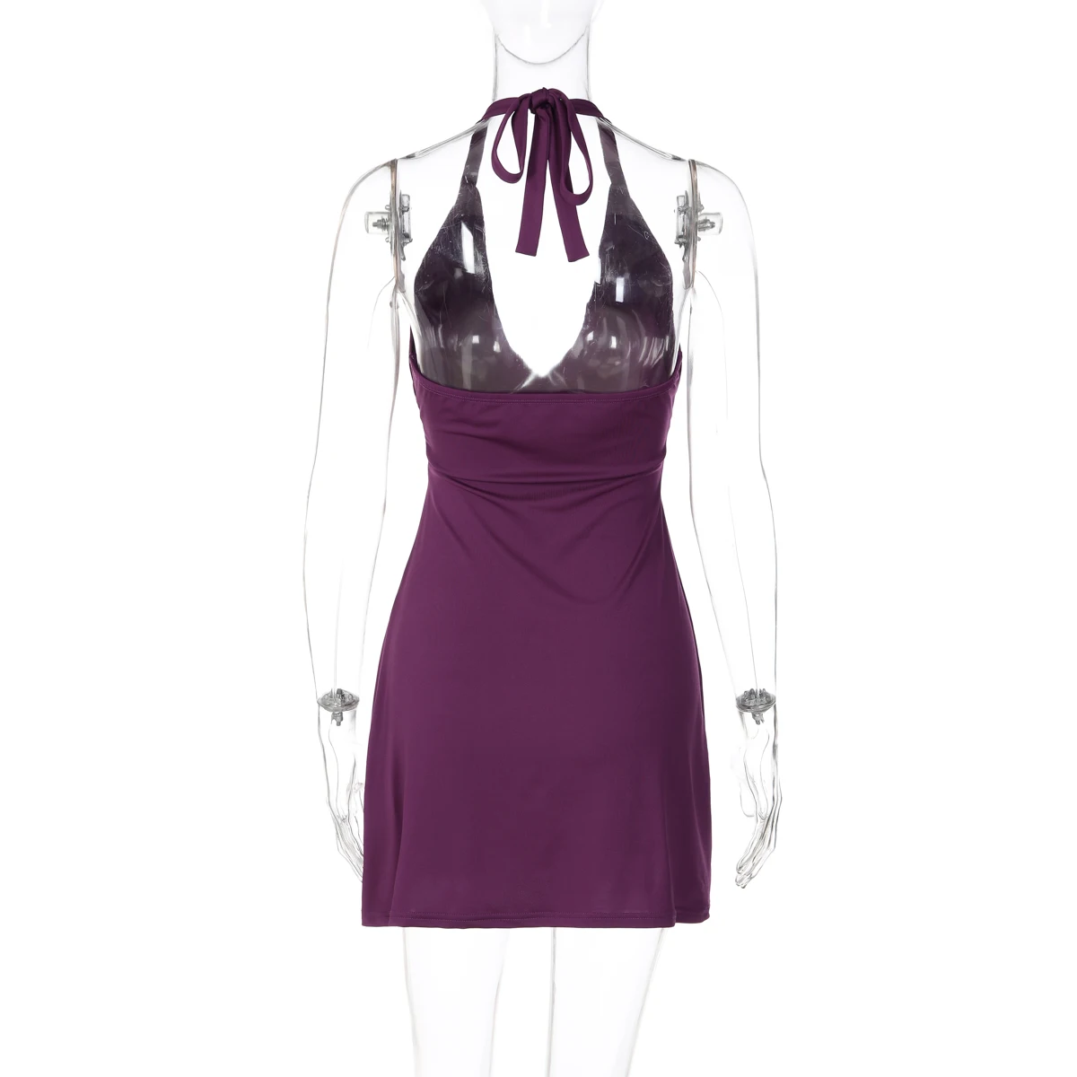 Hugcitar Damenmode V-Ausschnitt Einfarbiges Gerafftes Neckholder-Rückenfreies Schnür-Minikleid Sexy Sommerkleidung für Strand, Urlaub und Club – Detail 4