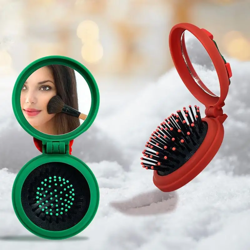 Foldable Hair Brush Santa Snowman Pattern Hair Comb Travel Brush Round Compact Massage Comb Hair Styling Tool for Pocket Purse