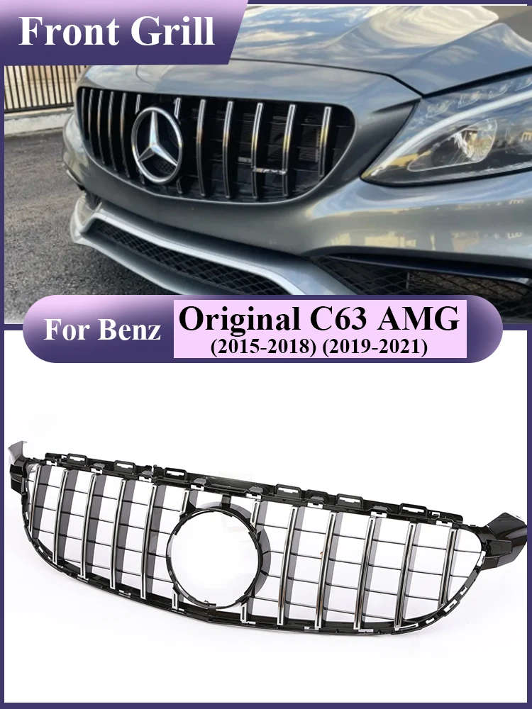 Front Bumper Grille Radiator Original GT C63 Grill For Mercedes Benz C63 AMG 2015-2021 Black Silver Grill Facelift Auto Part