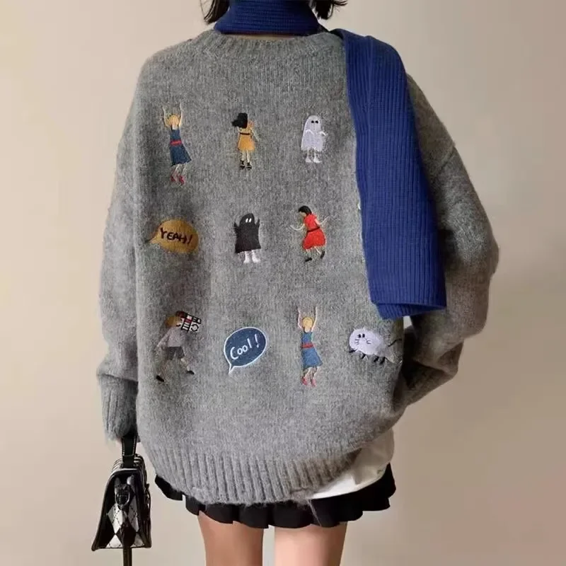 

Lazy Style Cartoon Embroidery Gray Soft And Sticky Women's Autumn And Winter Loose Outer Wear Western-style Knitted Sweater Top