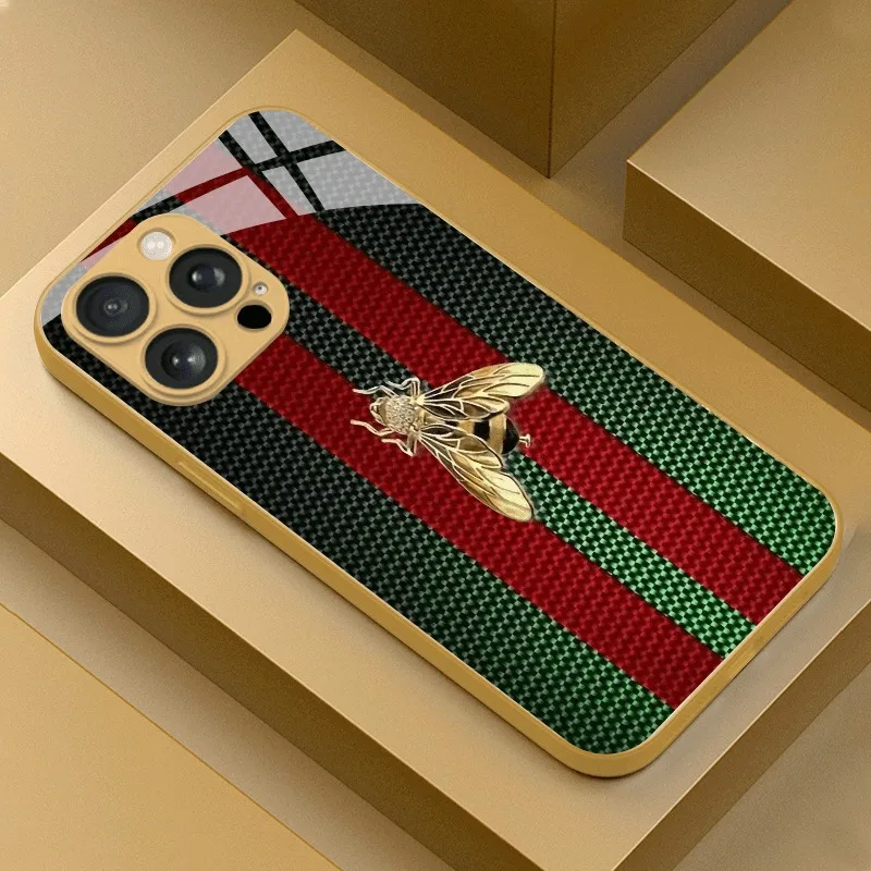

Red Green Striped Golden Bee Gold Metallic Paint Glass Phone Case For iPhone 17 Pro Max 11 12 13 14 15 16 Plus 17Air 16E Cover