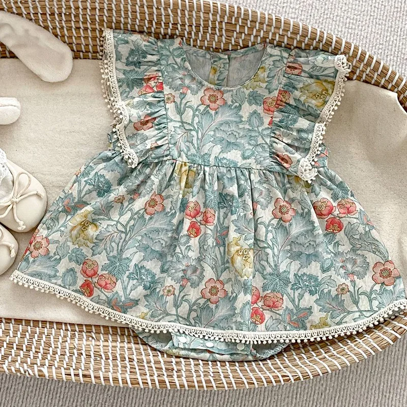 Ropa de verano para niña recién nacida, Pelele de algodón con manga voladora y estampado Floral, 0 a 24 meses, novedad de 2024