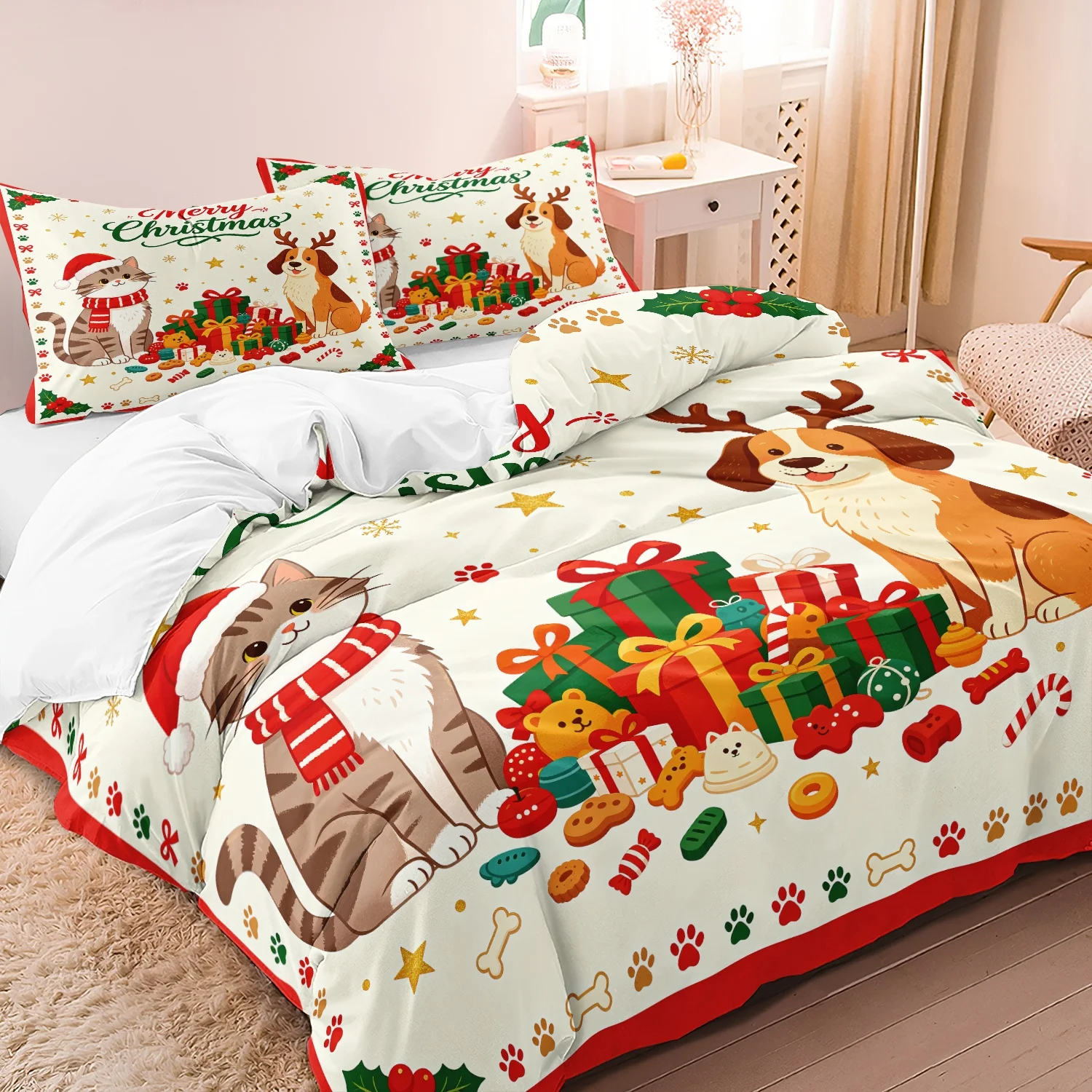  3Pcs Christmas Pet Duvet Cover Set, Santa Cat Reindeer Dog Xmas Gift Box Paw Holly Pattern Bedding, Multiple Sizes Available
