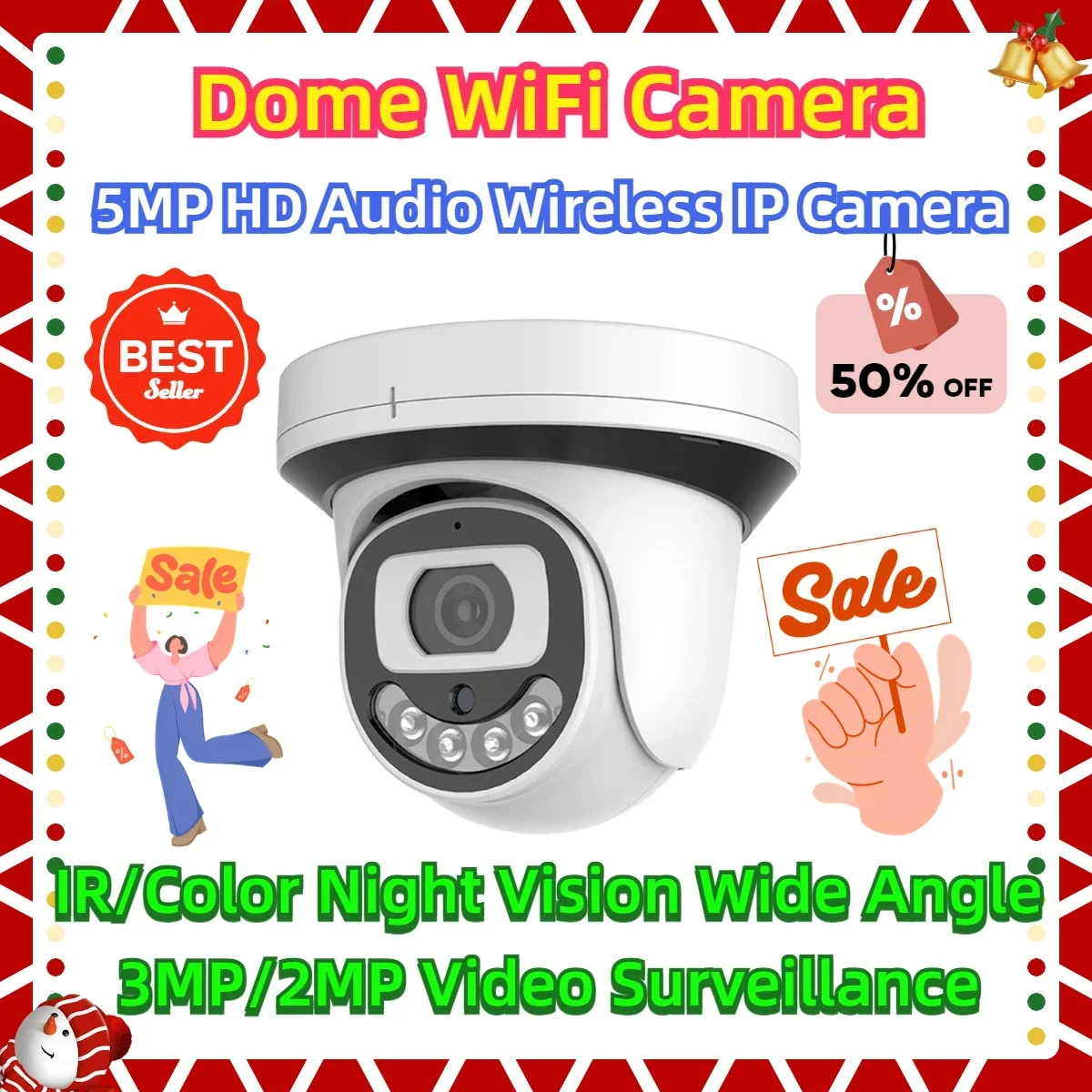 

Dome WiFi Camera with SD Slot 5MP HD Audio Wireless IP Camera IR/Color Night Vision Wide Angle 3MP 2MP Video Surveillance