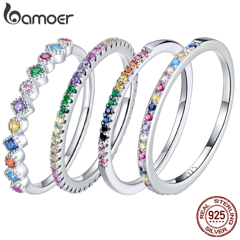 BAMOER 925 Sterling Silver Rainbow CZ Simple Fashion Finger Ring Stackable Band Rings For Women Classic Jewelry