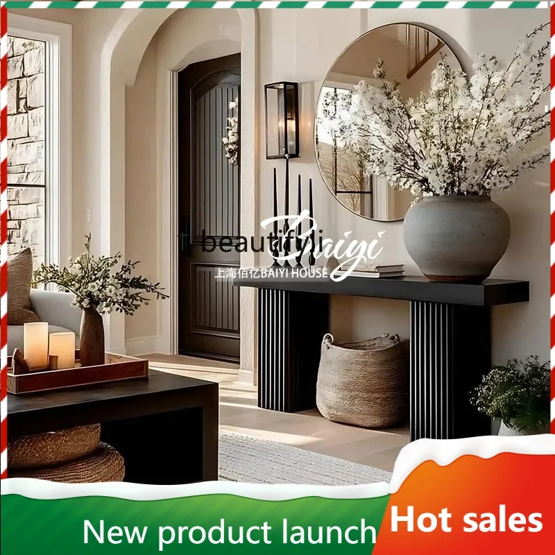 

F56 French Style Entryway Table Solid Wood Vintage Ultra-Narrow Entryway Console Against the Wall Black End View Table