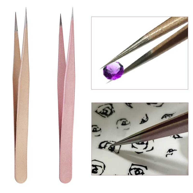 Pince à épiler droite en or rose champagne, 1 pièce, pour le nail art, la pose de strass, la décoration des cils et des pierres précieuses