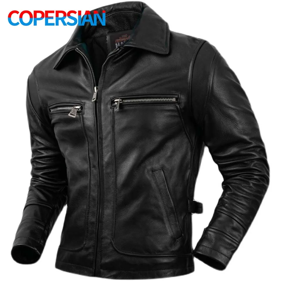 Pure Top Layer Cowhide Genuine Leather Jacket Men's Slim Fit Lapel Motorcycle Jackets Classical Black Zipper Leather Coat
