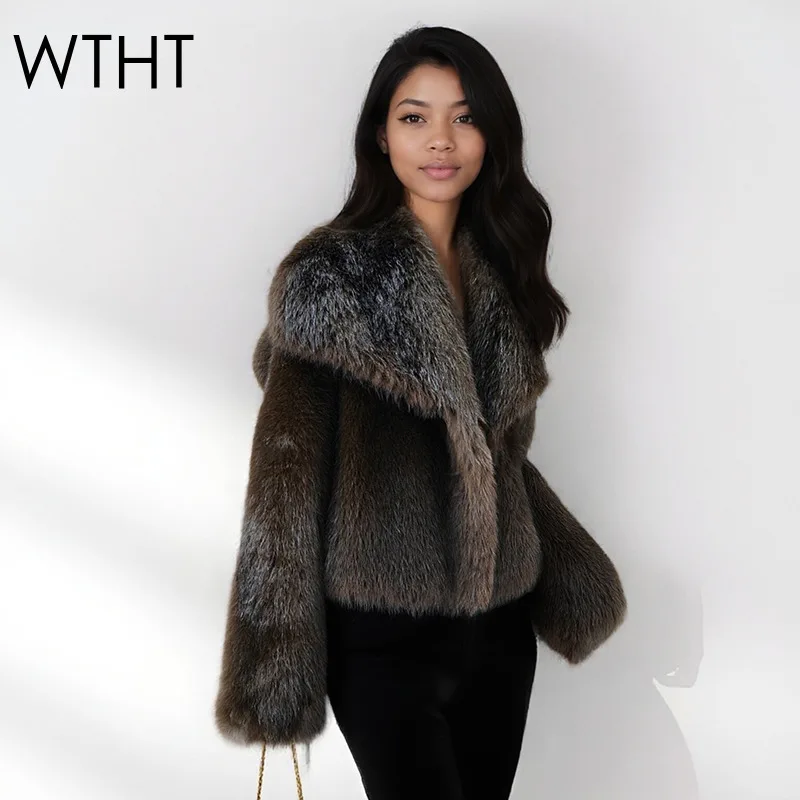 WTHT Trendy Fashion Women's Gradient Plush Fake Fur Warm Coat 2025 Winter New Lapel Long Sleeves Short Jacket Female 1LS2734