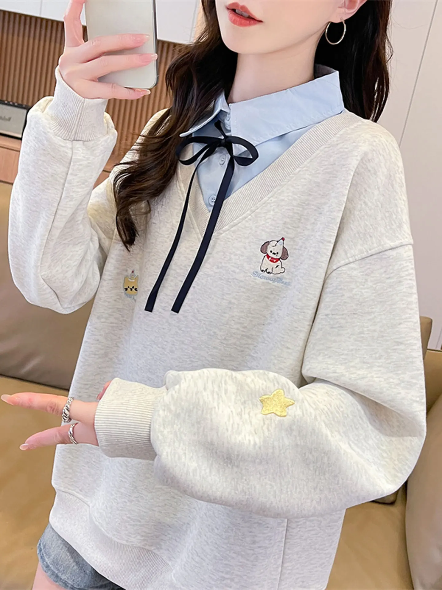 Elegant  Knot  Shirt Hoodie Women's Autumn New Arrival Middle School Student Embroidered Fake Two-Piece Top