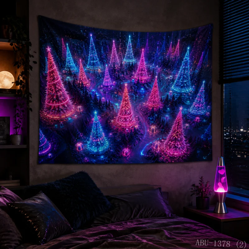 VIKAMA Pink Blue Neon Christmas Tree Forest Starlight Gift Box Christmas Tapestry Background Hanging Cloth Living Room Decor