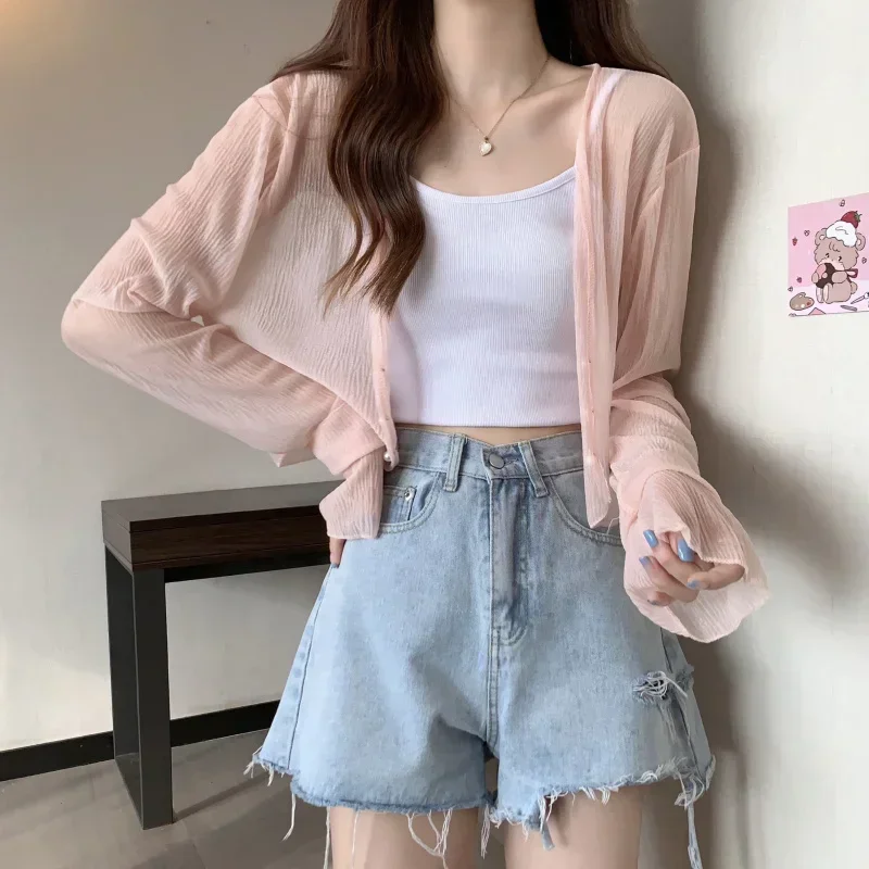 Fairy Style Solid Cardigan Women Summer Long Sleeve Sunscreen Sweet Beading V-neck Basics Loose Chiffon Cardigan
