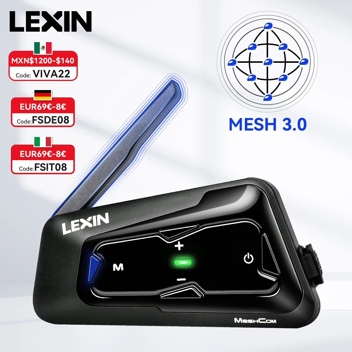 LEXIN-MeshCom Motorcycle MESH&Bluetooth Headset Intercom ,With Mesh Communication System, Parallel Audio- Intercom,24 Riders