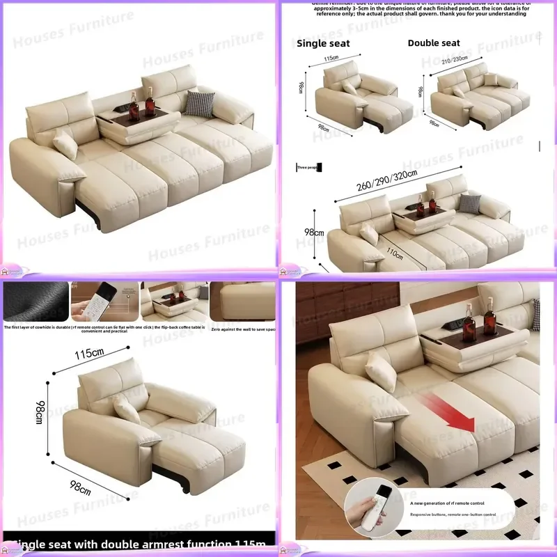 Recliner Sofa Genuine Leather First Layer Cowhide Living Room Furniture Retractable Sofa Bed with USB Charging Port