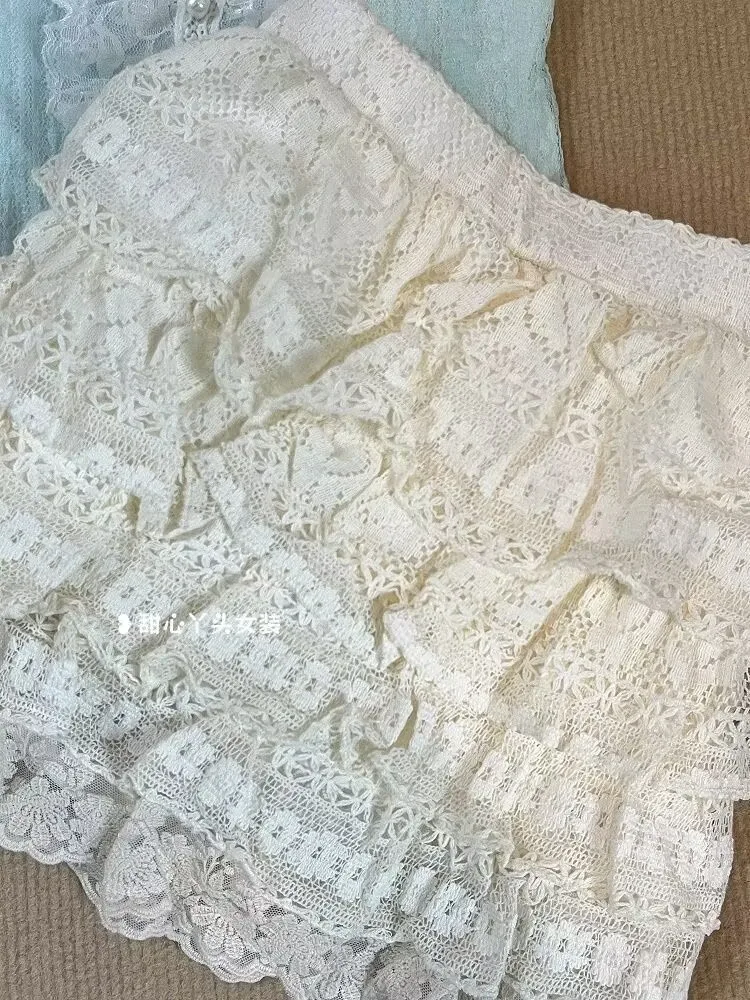 New Fashion Retro Elegant Sweet Cute Lolita Lace 2 Piece Set Women Short-sleeved Y2k Tops + Mini Cake Kawaii Mini Skirt Outfit