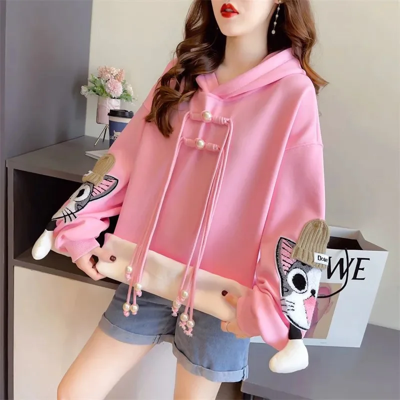 Plus Velvet Padded Mid-Long Hooded Sweater Women\'s New Autumn Winter Embroidered Pullover Coat Large Size Fashion Hoodies Female