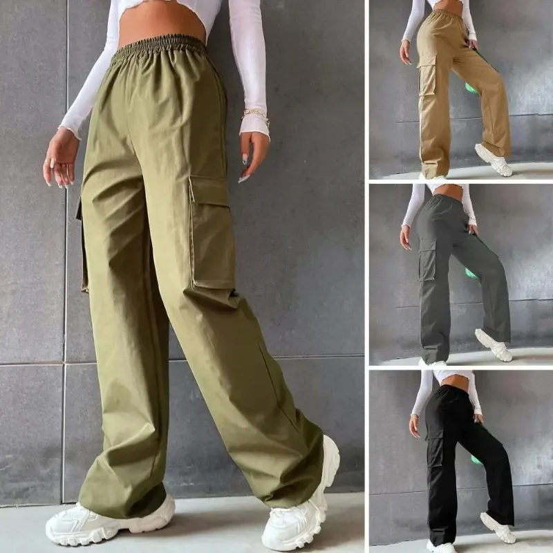 

Women Cargo Pants Side Flap Pocket Trousers Solid Color Elastic Waist Wide Leg Female Pants Casual Korean Joggers Sweatpants