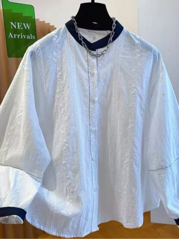 Blanc brodé rond Ne coton irt femmes printemps 2026 ample décontracté Long Sve respirant pur haut en coton