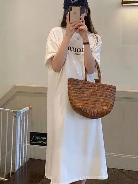 

Новое летнее женское платье-футболка в корейском стиле с круглым вырезом и коротким рукавом, длиной до колена, в стиле Lazy Style