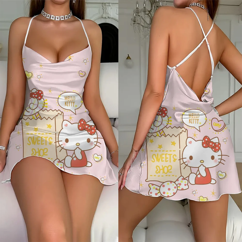 

2024 Summer Fashion Women's Hello Kitty Sleeping Dress Suspender Elegant Print Fashion U-neck Sexy Backless Nightdress