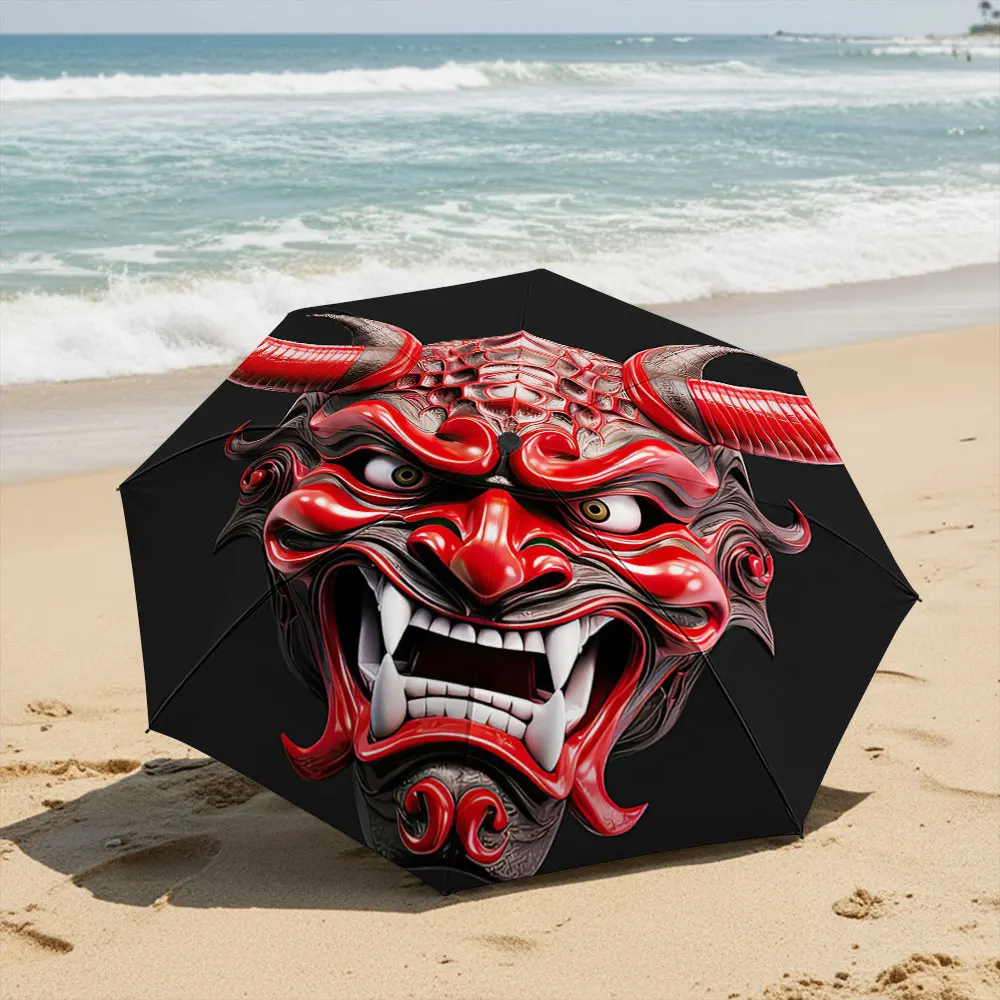 Red Oni Demon Mask Art on Black Background Umbrella Compact Fashion Folding Umbrella for Daily Use, Christmas Gift