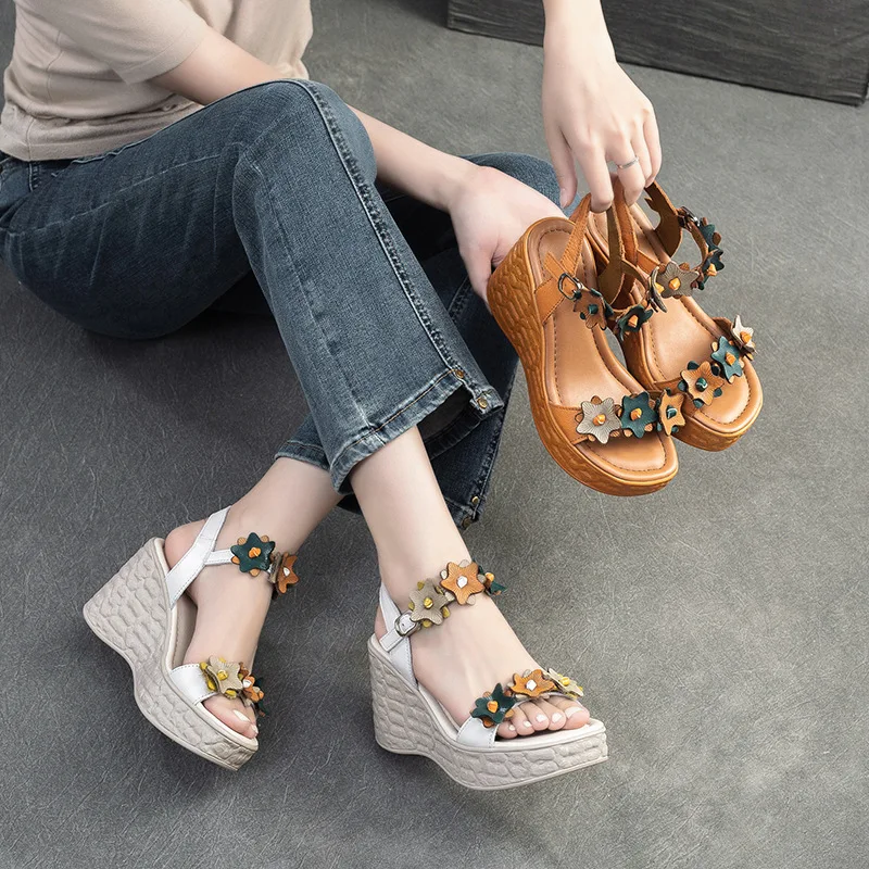 GKTINOO Women Sandals Genuine Leather 2024 New Summer Women Shoes Buckle Strap Retro Wedges Casual Platform Ladies Sandals