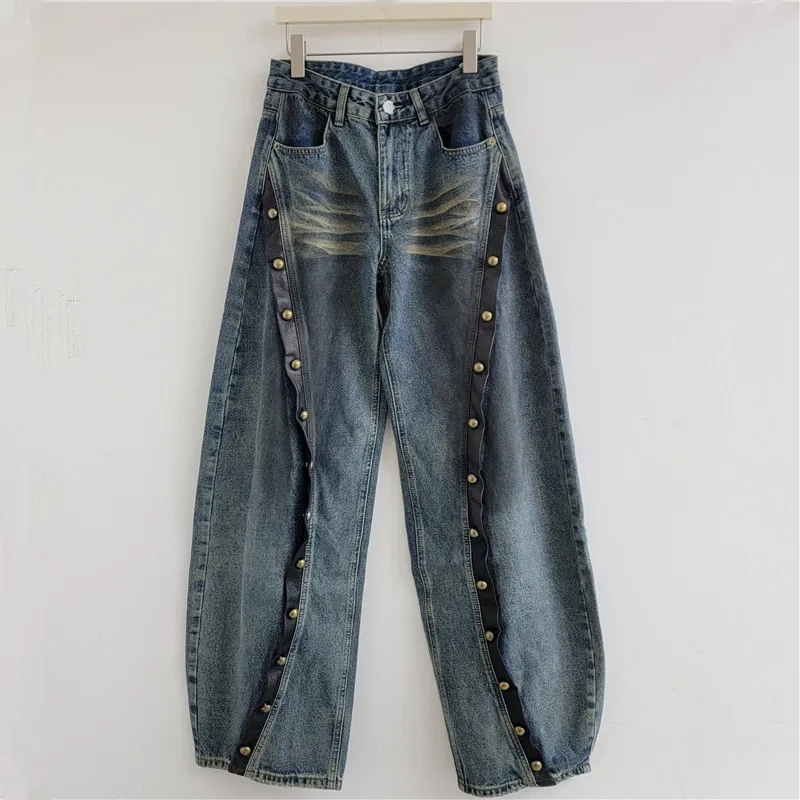 SuperAen Retro Distressed Rivet Denim Pants for Women Autumn New High Waist Design Korean Style Loose Full Length Wide-leg Pants