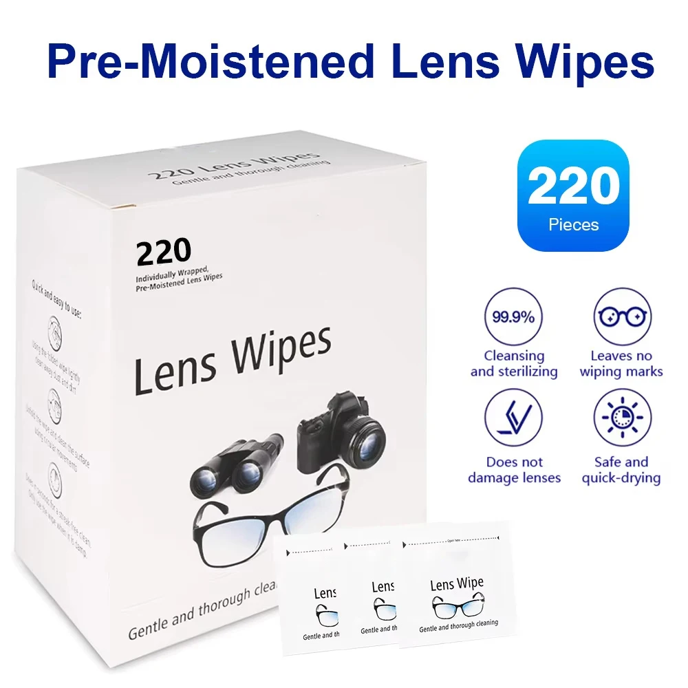 220Pcs Pre-Moistened Lens Cleaning Wipes for Eye Glasses, Sunglasses, Binoculars, Camera Lenses, Swim Goggles, Ski Goggles