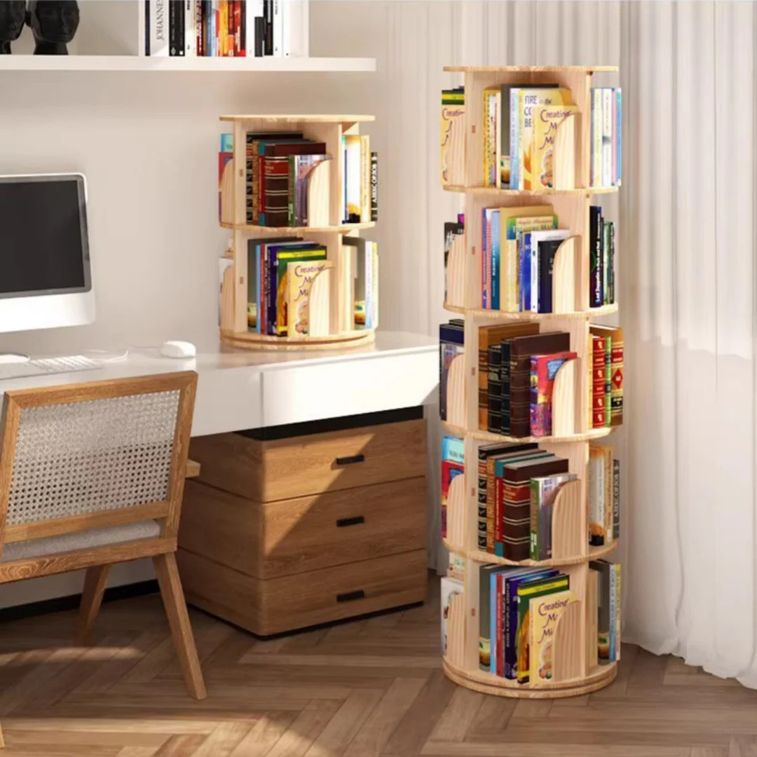 Custom 360 Rotating Bookshelf Wooden Round Tower Bookcase Multi Layer Storage Rack for Kids Home Office Furniture