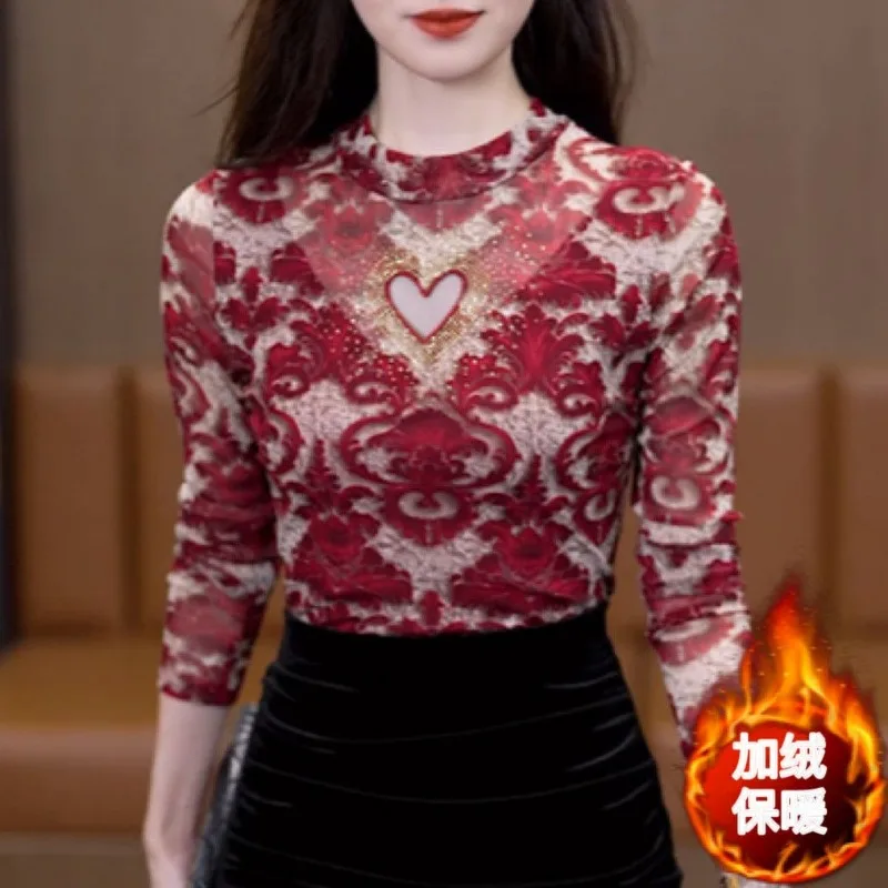 Women Clothing Korean Fashion Sexy Mesh Rhinestone Velvet Thick Warm Basic T-shirt Ladies Vintage Elegant Long Sleeve Slim Tops