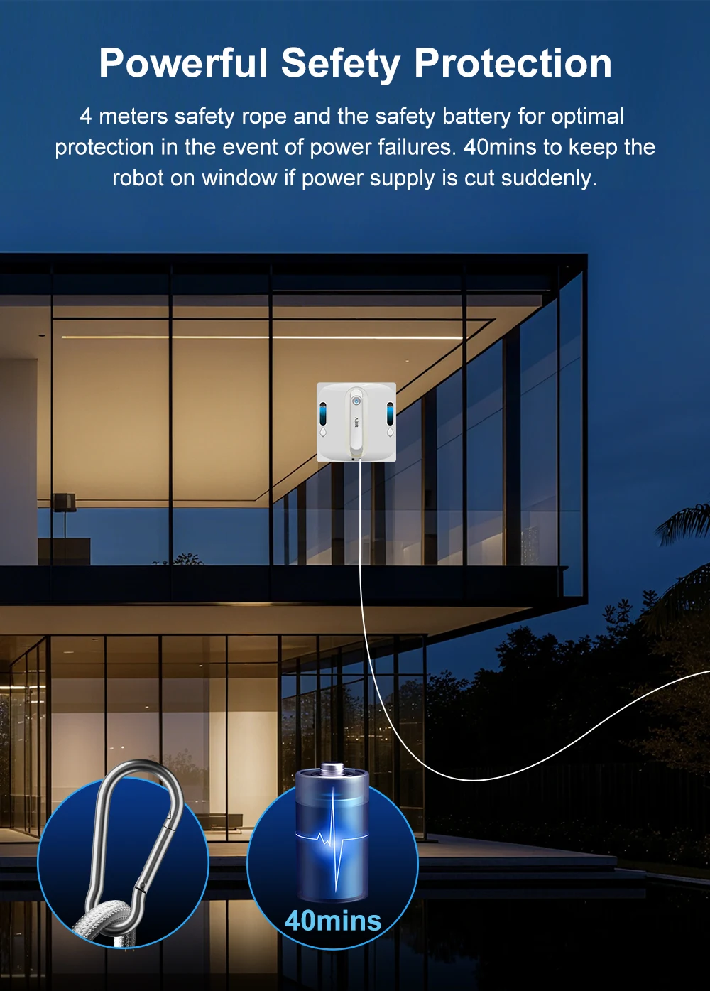 Robot Window Vacuum Cleaner ABIR WD9,4-Way Water Spray, Laser Sensor,9000PA Suction, Low Nosise,Wet Dry Scrape & Wipe in One