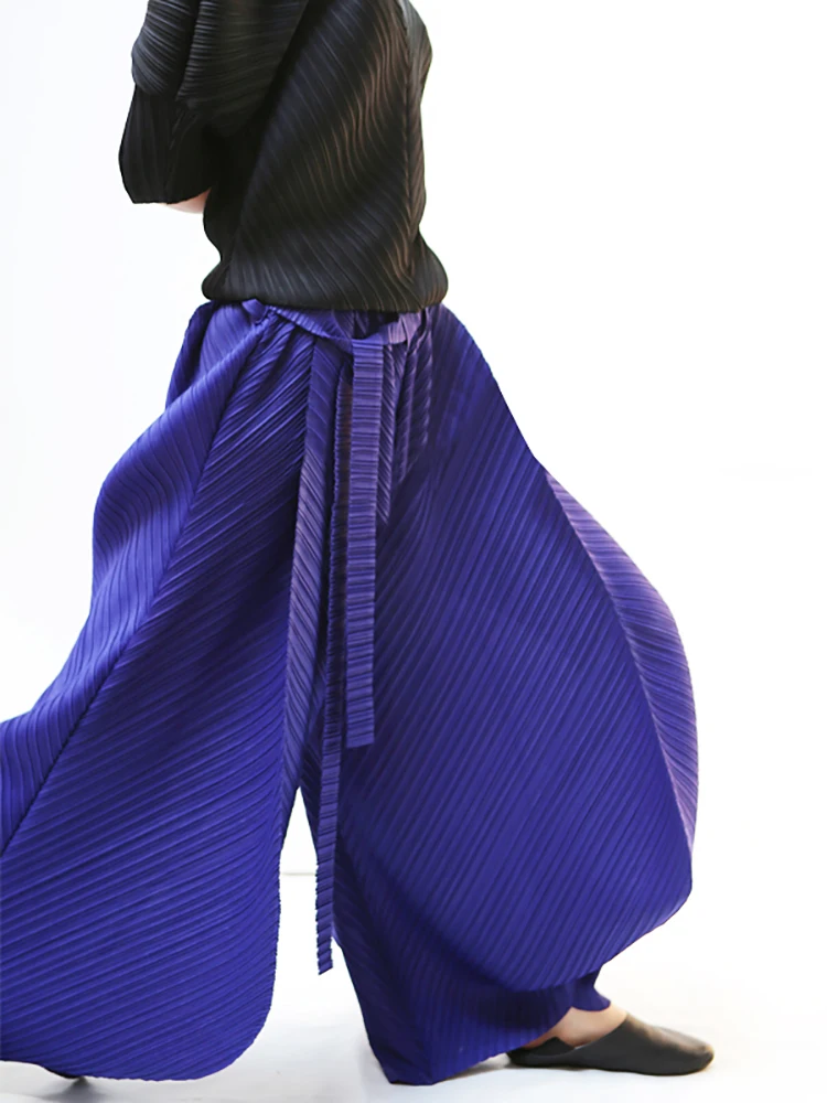 Miyake Pleated Harem Pants With Belt Women Summer New Designer Vintage Casual Big Size Wide Leg Pants Women Trousers