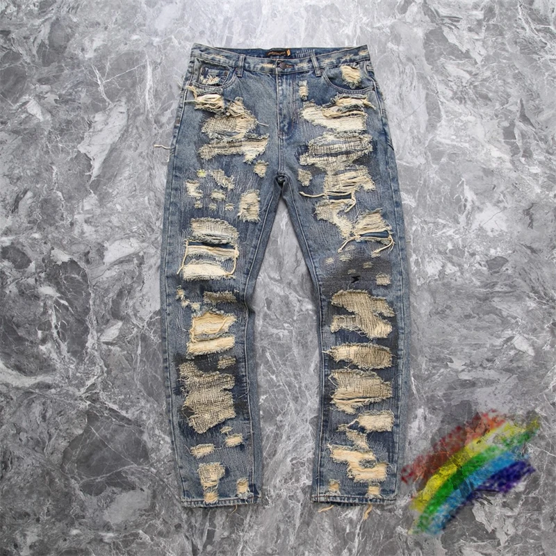 Washed Damaged Embroidery Patches Vintage Denim Jeans Men Women 1:1 Best Quality Pants