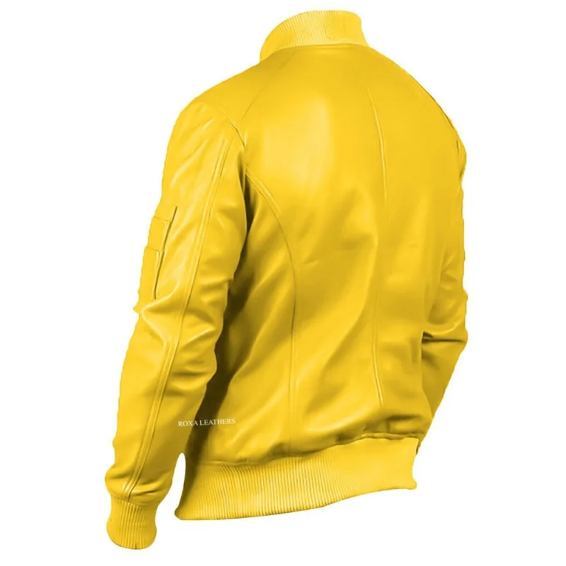 Yellow Leather Jacket Men\'s Latest Pure Genuine Lambskin Bomber Style Silver Zip