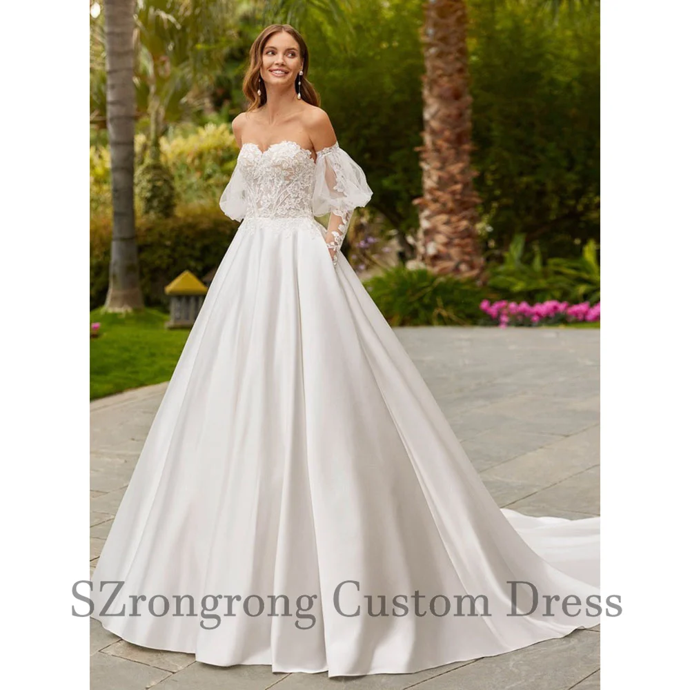 

Sweetheart Collar Satin Princess Puff Sleeve Wedding Dress Boho Button Back Appliques Lace Bridal Dress with Train Custom Made