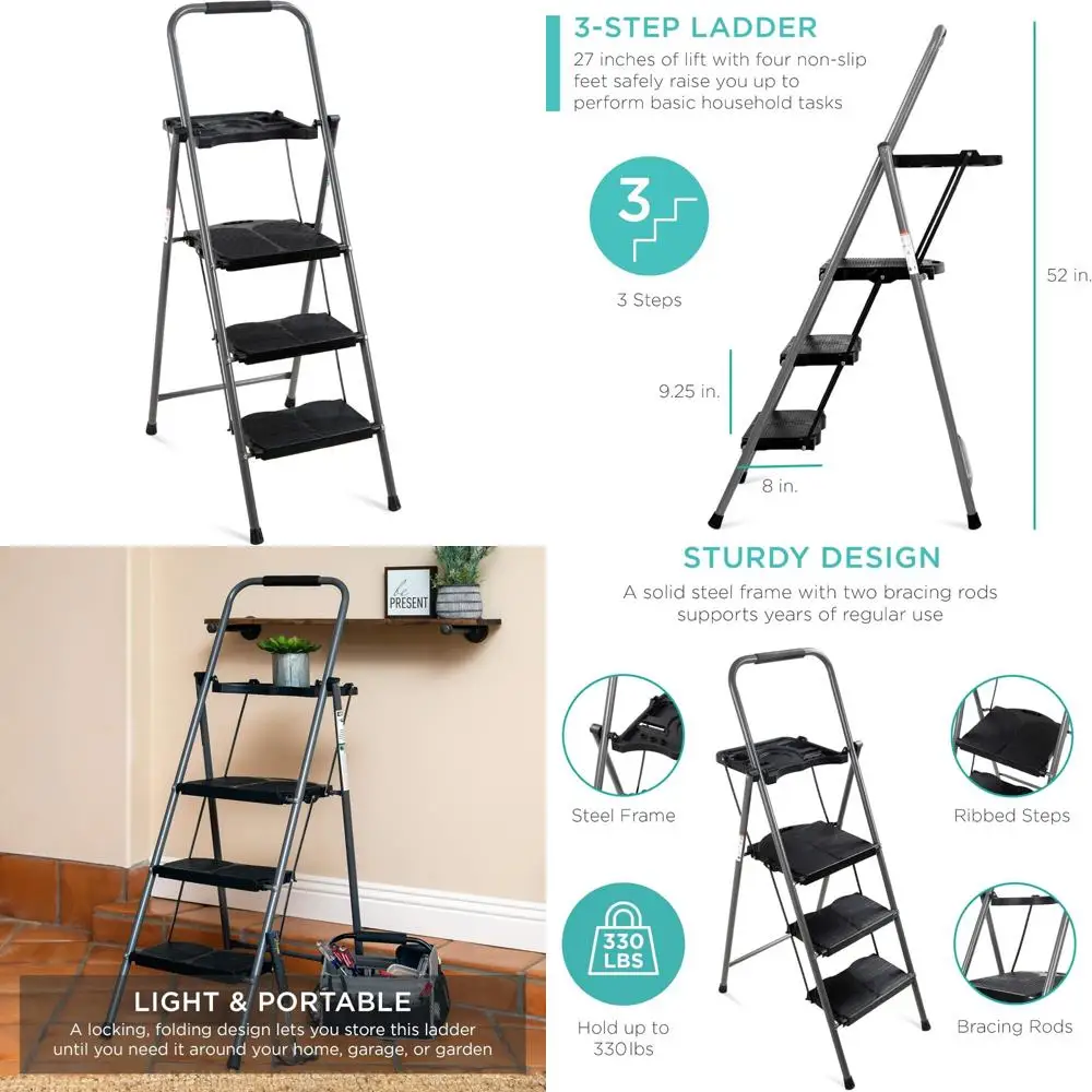 Taburete antideslizante ancho plegable portátil con bandeja de herramientas, escalera de 3 escalones para uso doméstico y de oficina