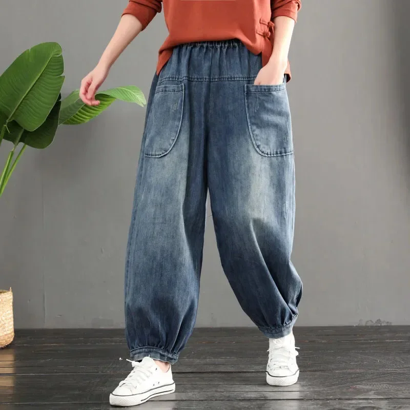 

Женские джинсы-шаровары оверсайз до щиколотки с высокой талией, весенние Мешковатые повседневные винтажные джинсовые брюки, модные шаровары в Корейском стиле для мам, новинка, A101