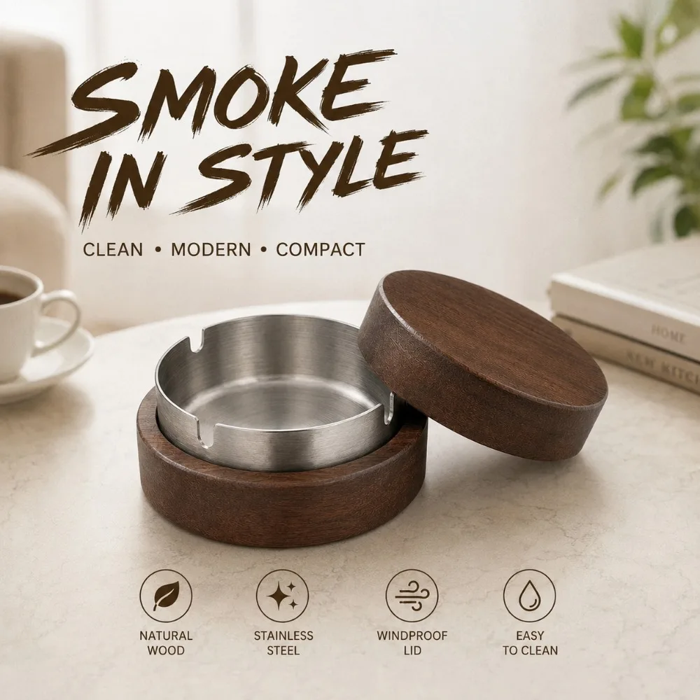 Wooden Cigar Ashtray with Lid Stainless Steel Insert Smoke Containment Windproof Ash Holder for Living Room Office Desktop Table