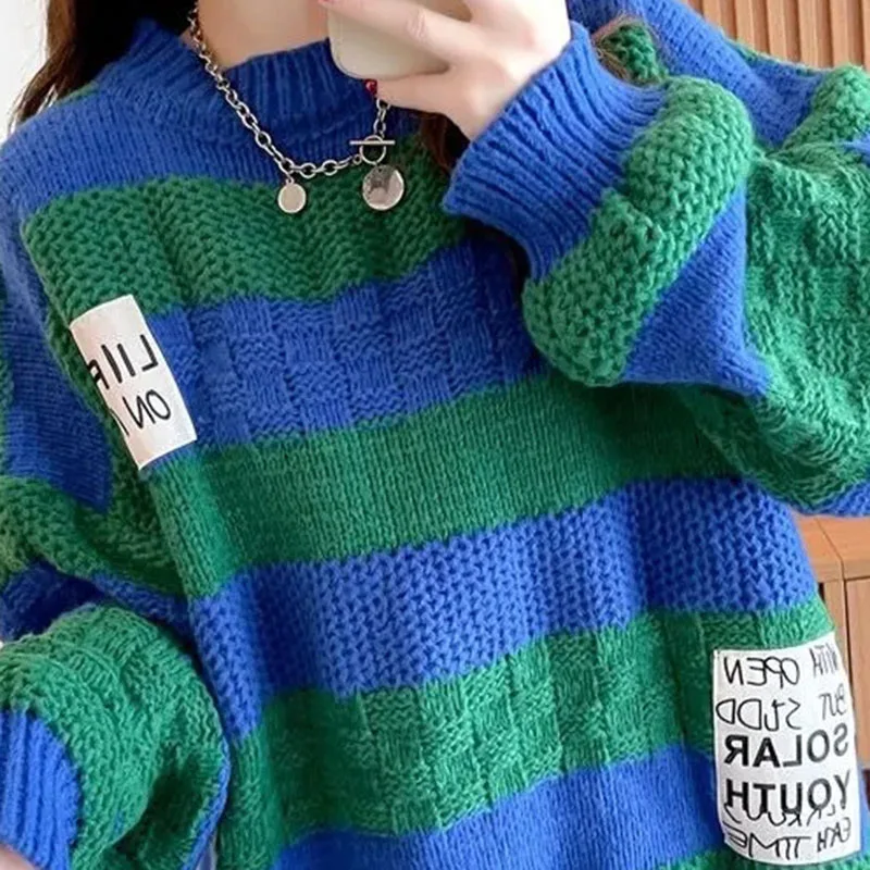 

Hdspq New Stripe Knitted Sweater for Women 2023 Autumn Winter Korean Fashion Full Sleeve Splice Pullovers Ladies Knitwear