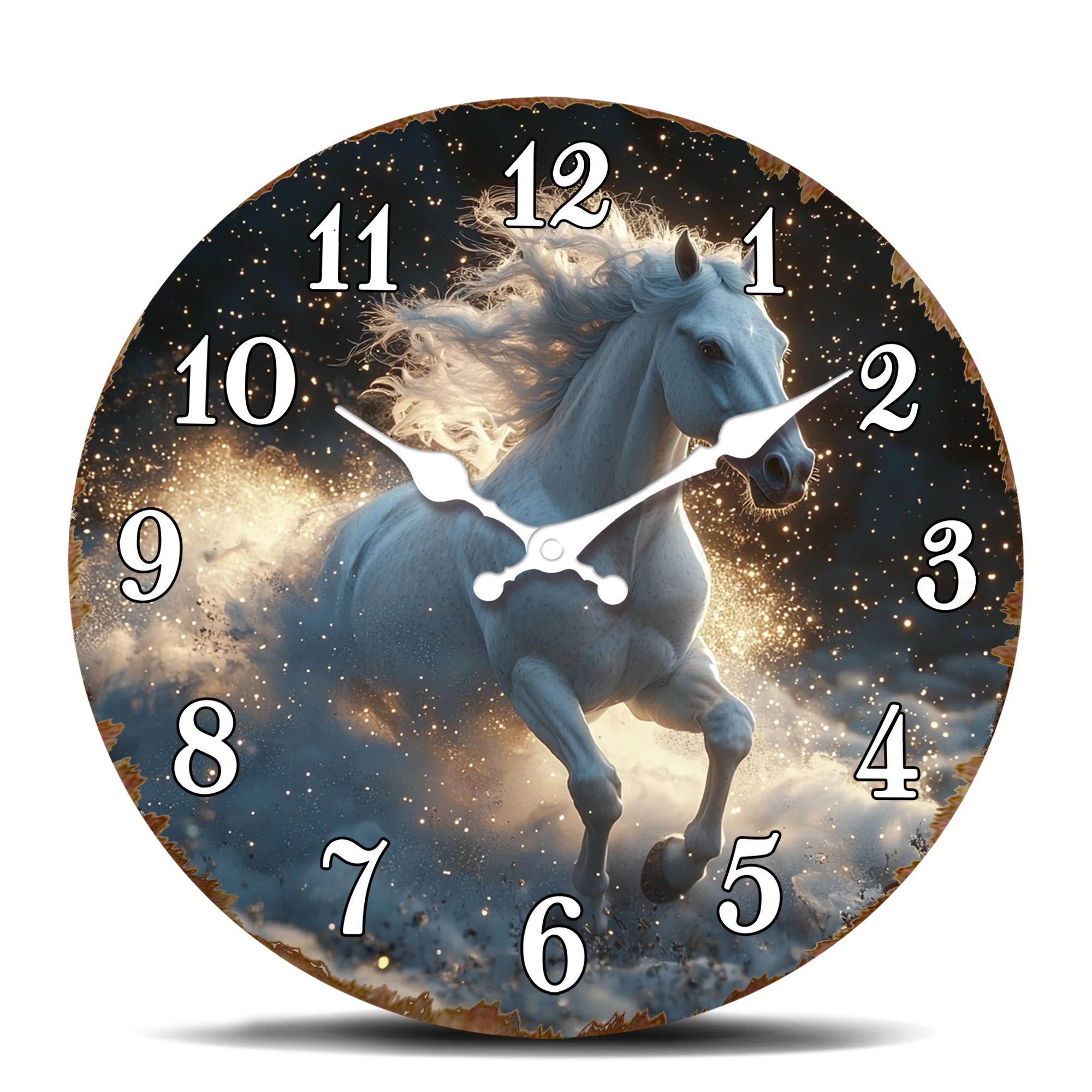 Reloj de pared redondo con diseño de caballo blanco galopando en una noche estrellada, reloj decorativo de pared con diseño de animales místicos, arte decorativo para el hogar de ensueño y fantasía