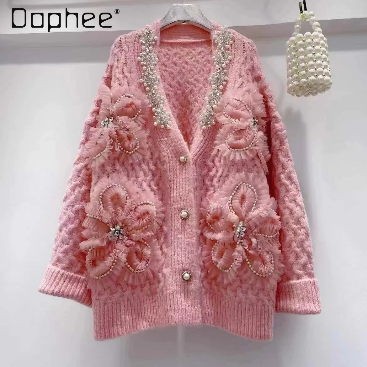 Large Size Beaded Twist Cardigan Sweater Women Mesh Flower V Neck Long Sleeve Knitted Sweater Mid Length Coat Sweet Casual