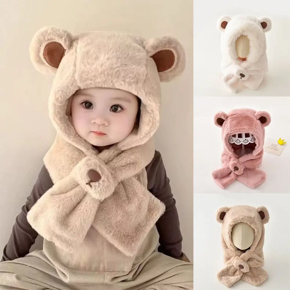 

Cute Bear Thickened Integrated Hat Anti-Wind Soft Warm Cap Fleece Hat Scarf Set Winter Warm Accessories
