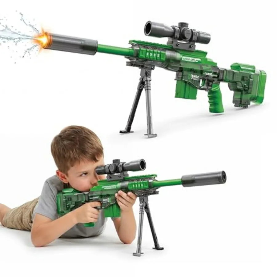 Summer outdoor water toy for boys and girls: green electric sniper water gun with manual/automatic dual mode, flashing lights,