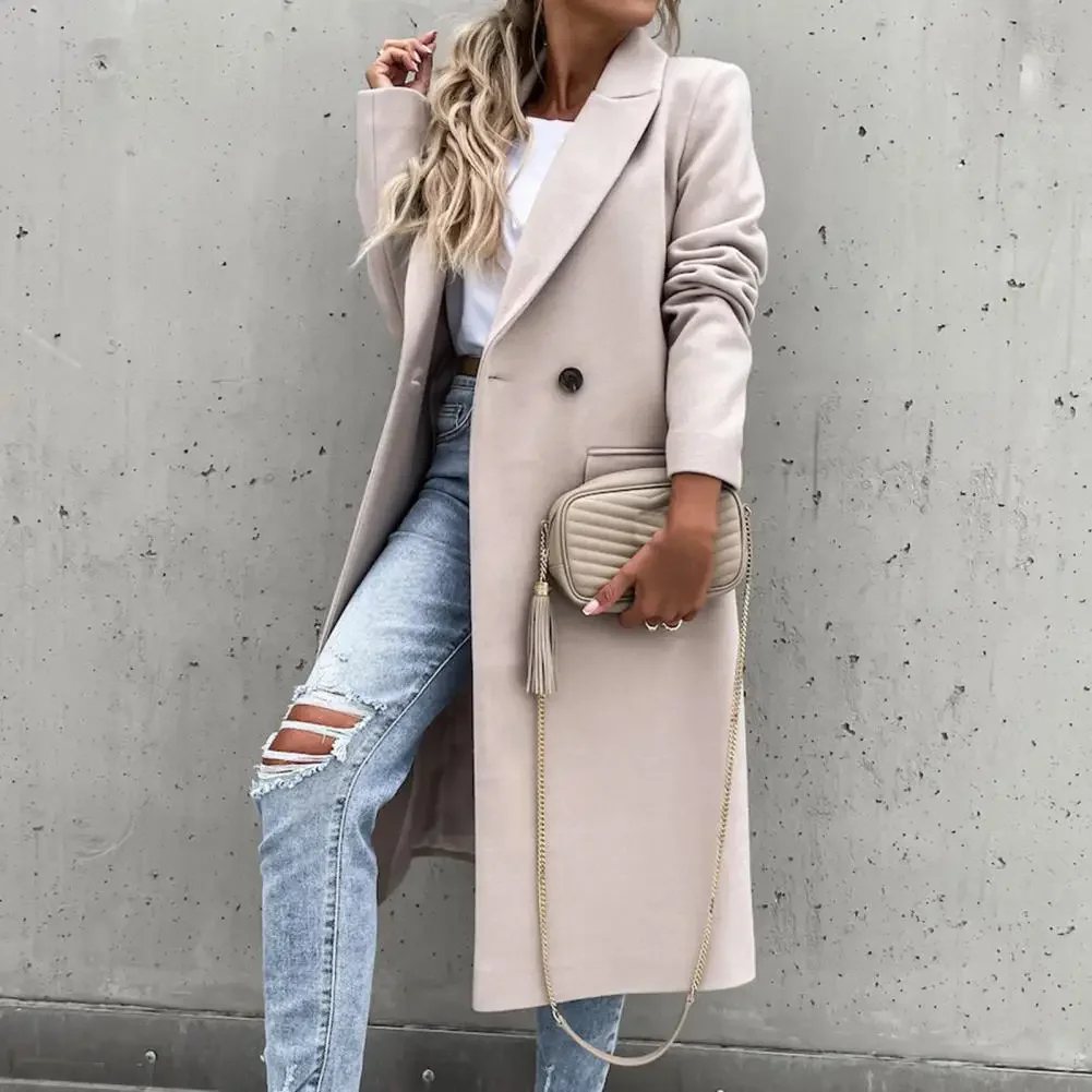 Europe, America, autumn and winter popular thickened single-breasted solid color women's slim-fitting long trench coat woolen