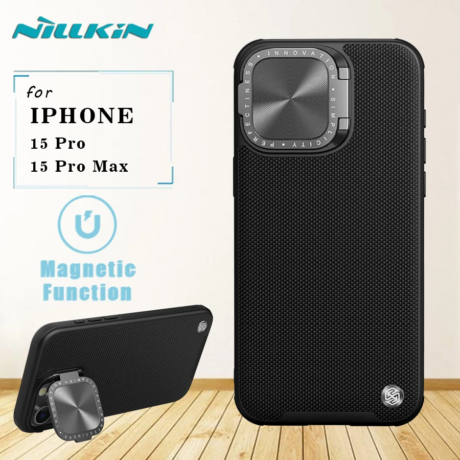 

Магнитный чехол Nillkin для Iphone 15 Pro / 15 Pro Max, текстурированный протектор для объектива камеры с подставкой, Противоударная задняя крышка