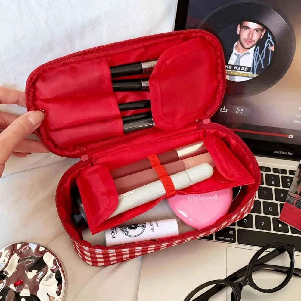 High Quality Red Grid Makeup Bag Multi-size Portable Toiletry Bag Handbag Women