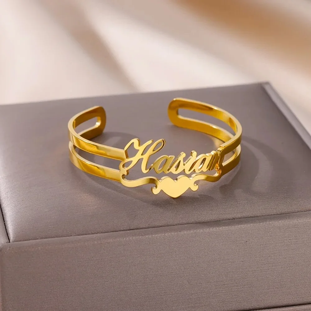 

Custom Heart Ribbon Name Bangle For Women Stainless Steel Gold Color Personalized Ribbon Bangle Wedding Party Jewerly Gift