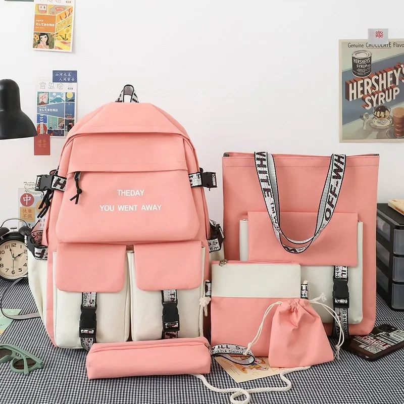 5 teil/satz koreanische Schule Rucksack für Teenager Mädchen Multi Pocket Studenten Schult asche Leinwand Frauen Schulter Buch Tasche Laptop Rucksack