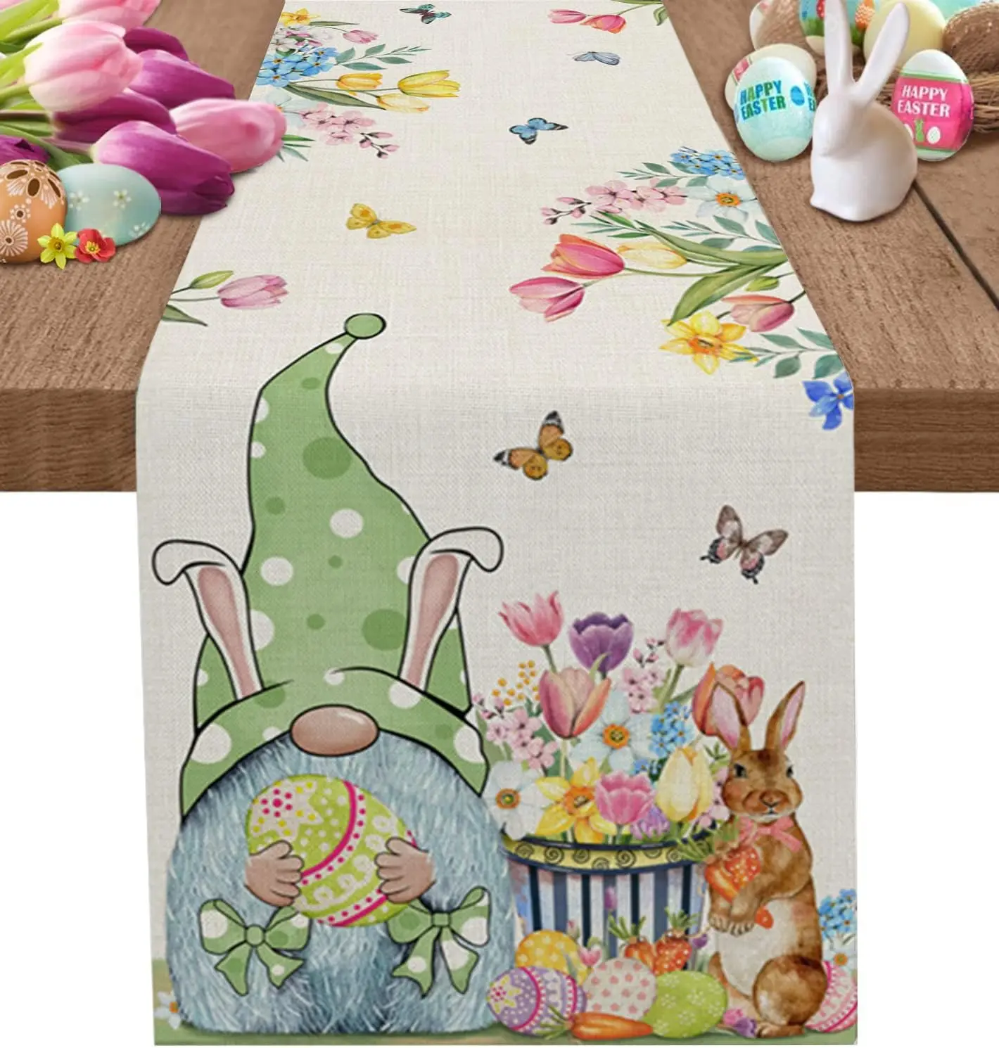 

Spring Easter Gnome Eggs Flower Linen Table Runners Dresser Scarf Table Decor Farmhouse Dining Table Runners Holiday Party Decor