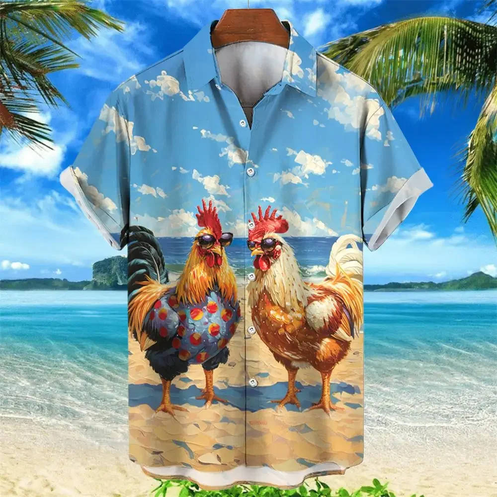 Camisa de praia de manga curta masculina, camisa havaiana, gráfico de galinha, estampas 3D, estilo havaiano, moda verão, camisa unisex aloha, 2024